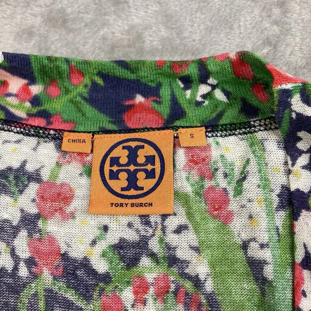Tory Burch Linen Blend Cardigan Womens S Floral Garden Print Lightweight Preppy